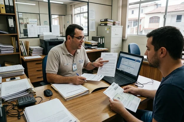 Despachante explicando estratégia para recurso de multa a cliente em Sabará.